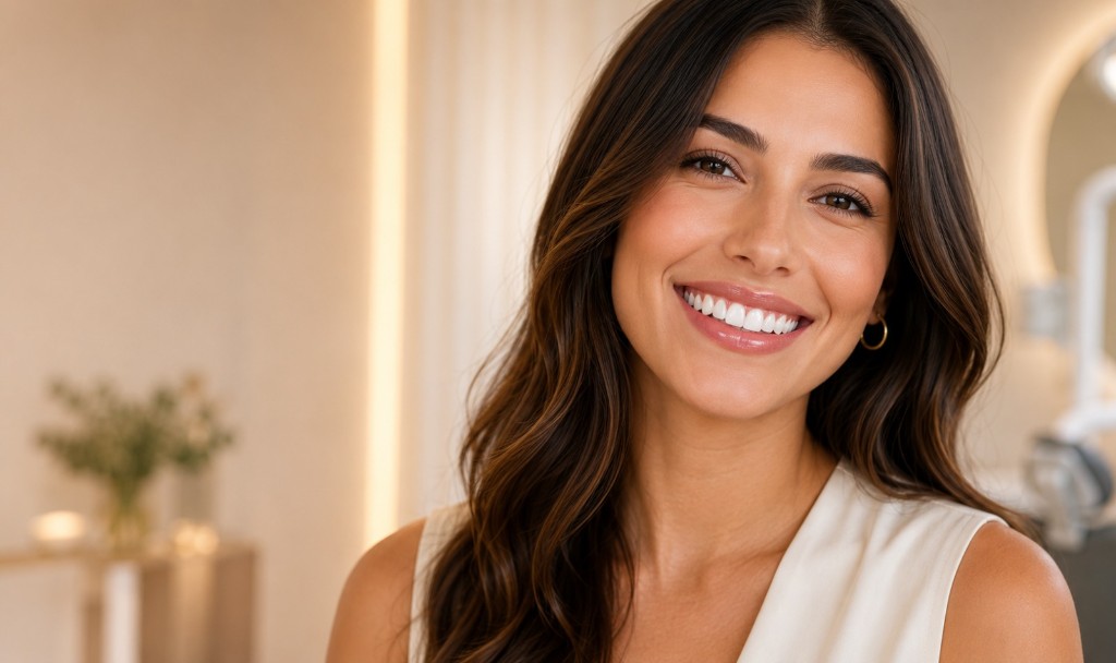 Mujer sonriendo con una sonrisa natural en un consultorio dental moderno